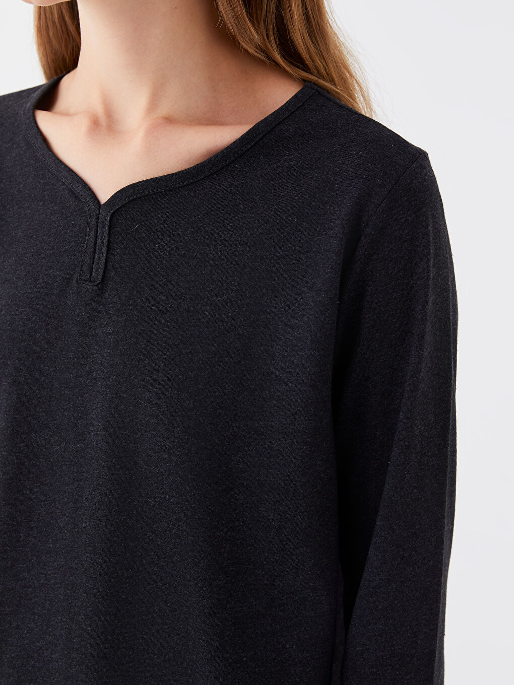 Antrasit V Yaka Düz Uzun Kollu Kadın Bluz-3