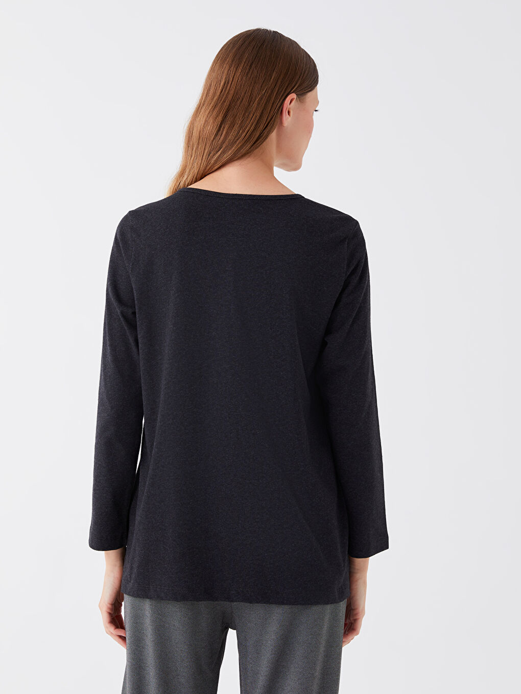 Antrasit V Yaka Düz Uzun Kollu Kadın Bluz-4
