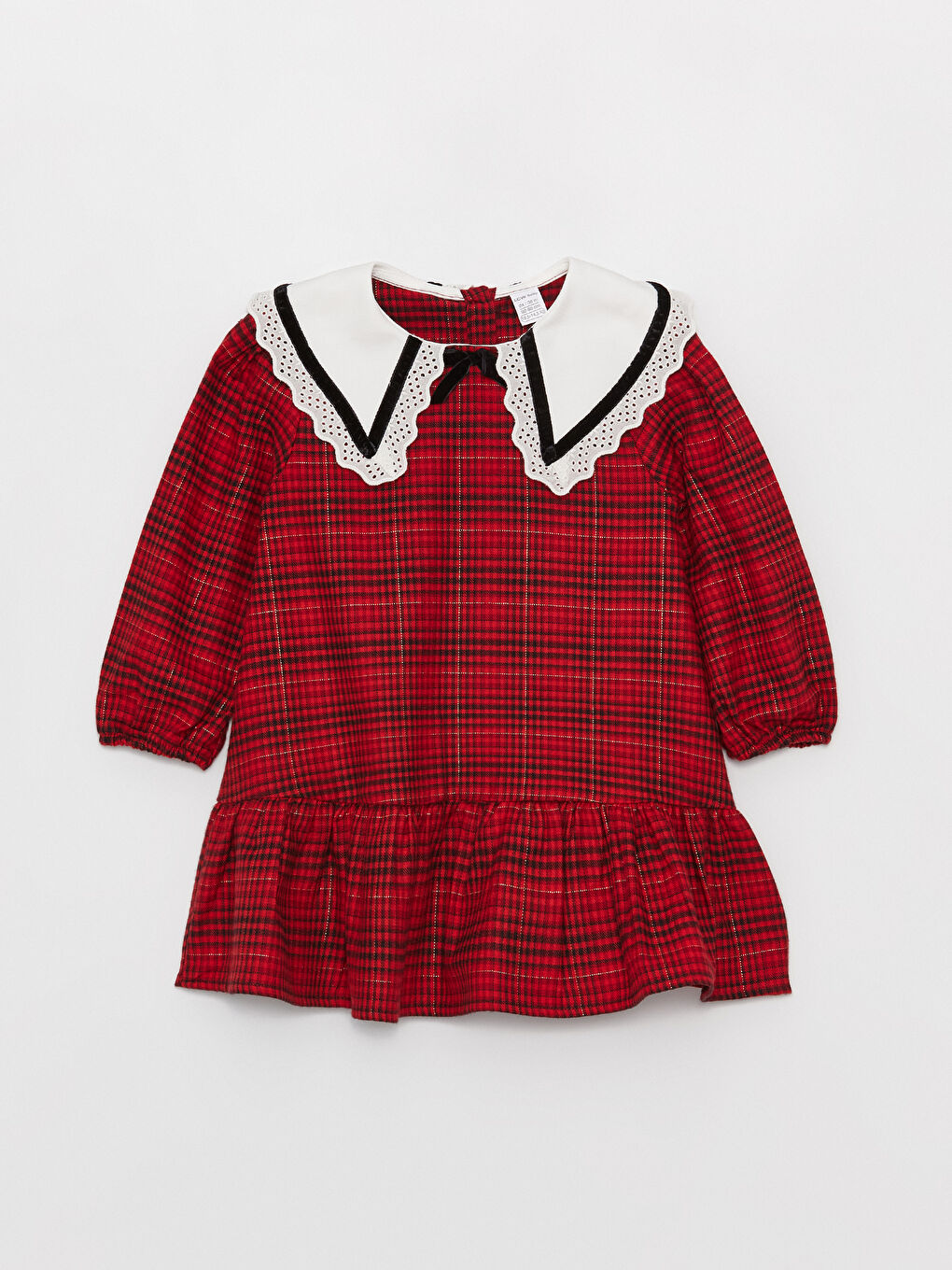 Kırmızı Bebe Yaka Ekose Desenli Kız Bebek Elbise