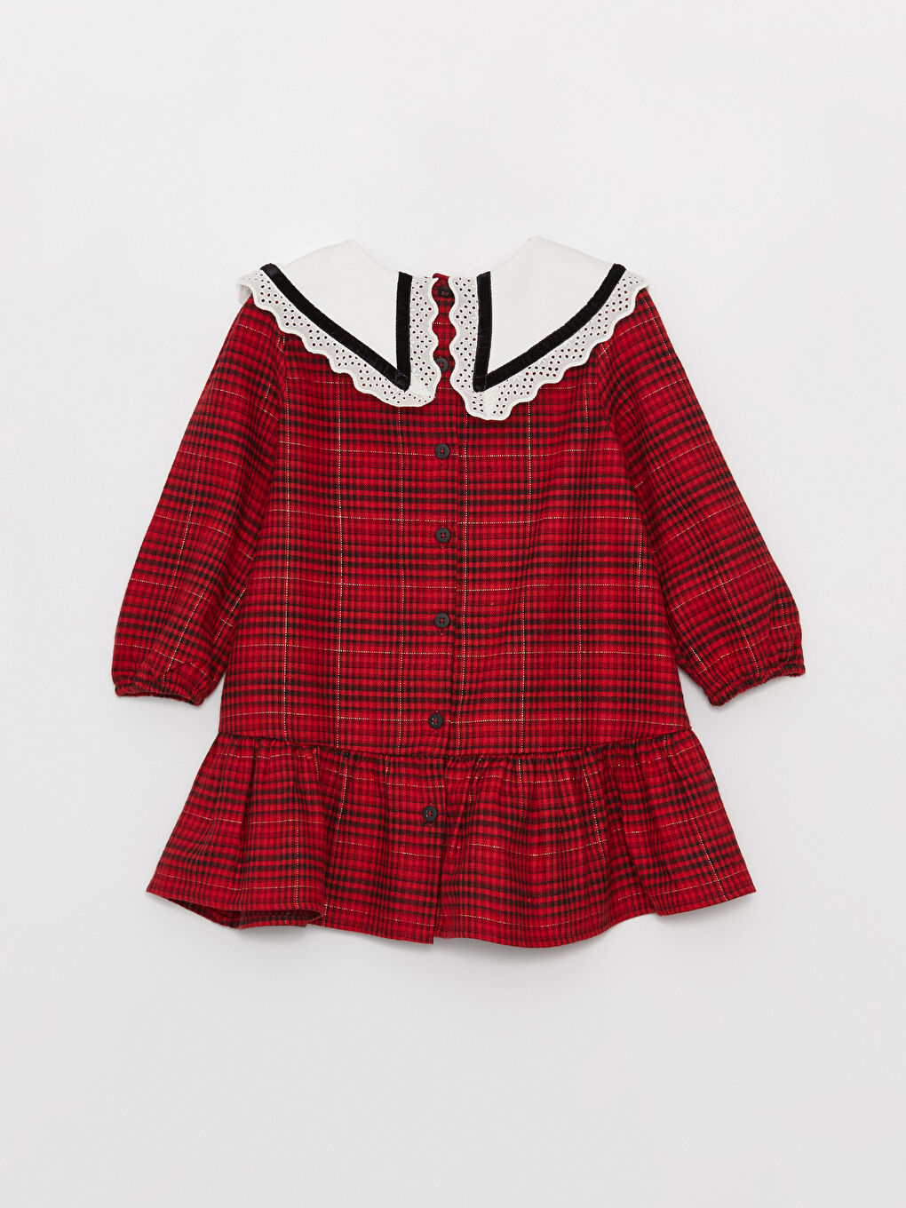 Kırmızı Bebe Yaka Ekose Desenli Kız Bebek Elbise-2
