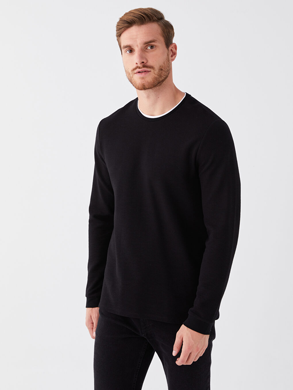 Siyah Bisiklet Yaka Uzun Kollu Erkek Tişört-2