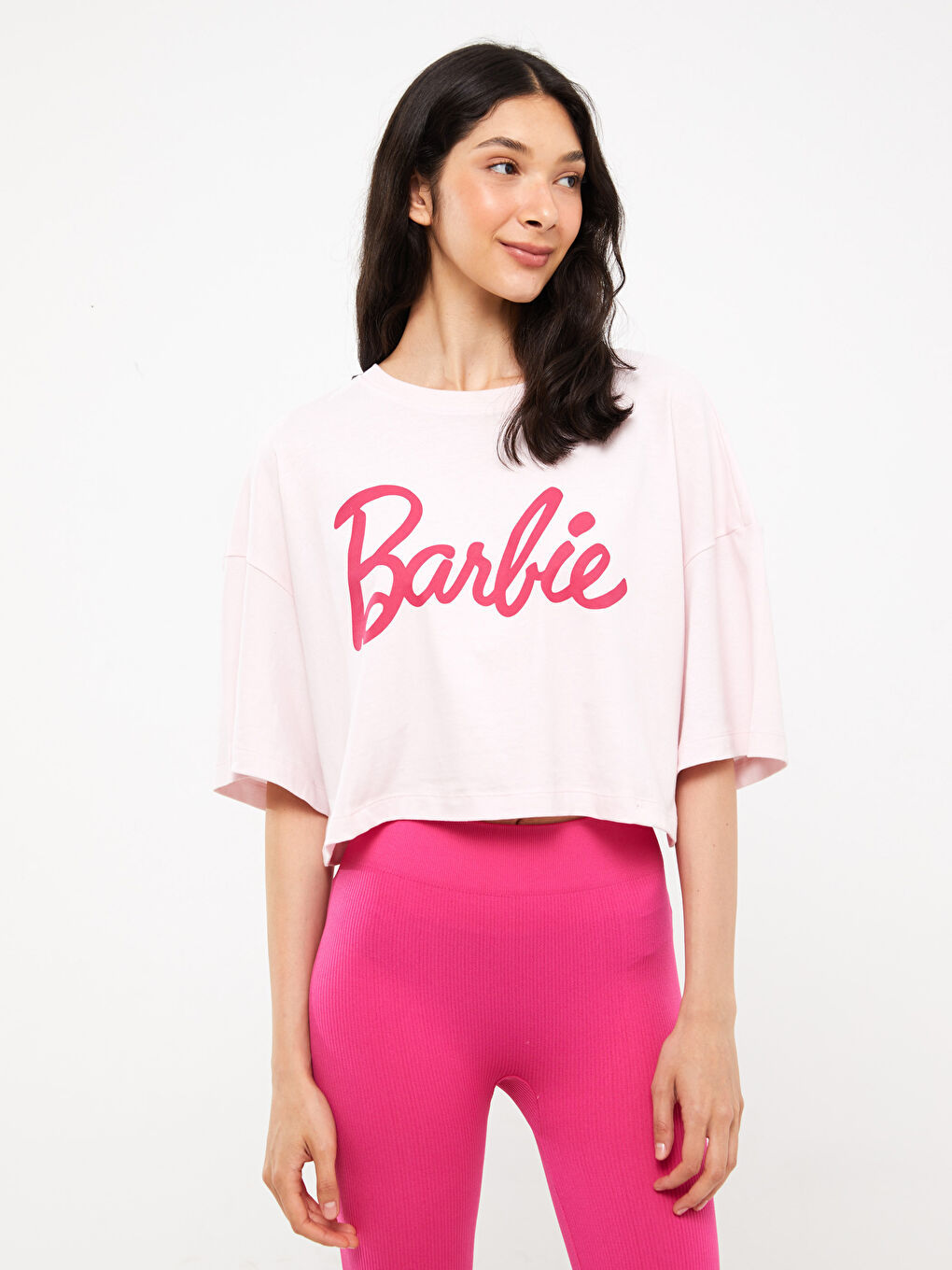Pembe Bisiklet Yaka Barbie Baskılı Kadın Crop-3