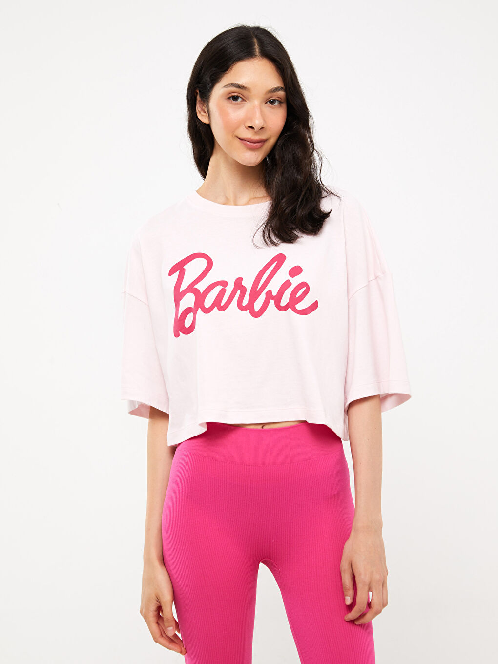 Pembe Bisiklet Yaka Barbie Baskılı Kadın Crop-4