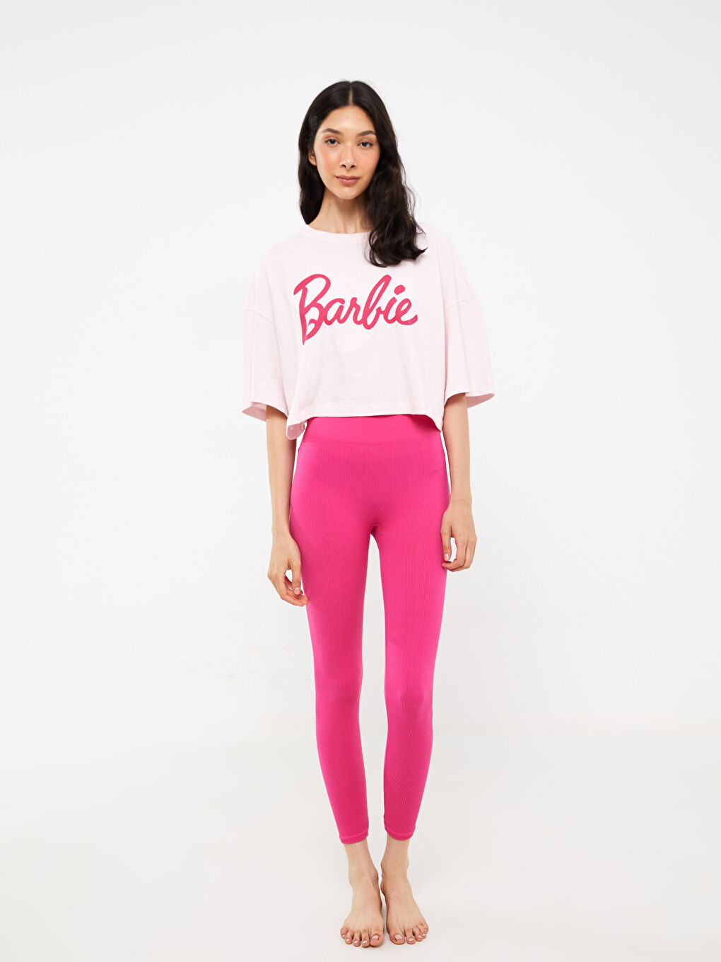 Pembe Bisiklet Yaka Barbie Baskılı Kadın Crop-5