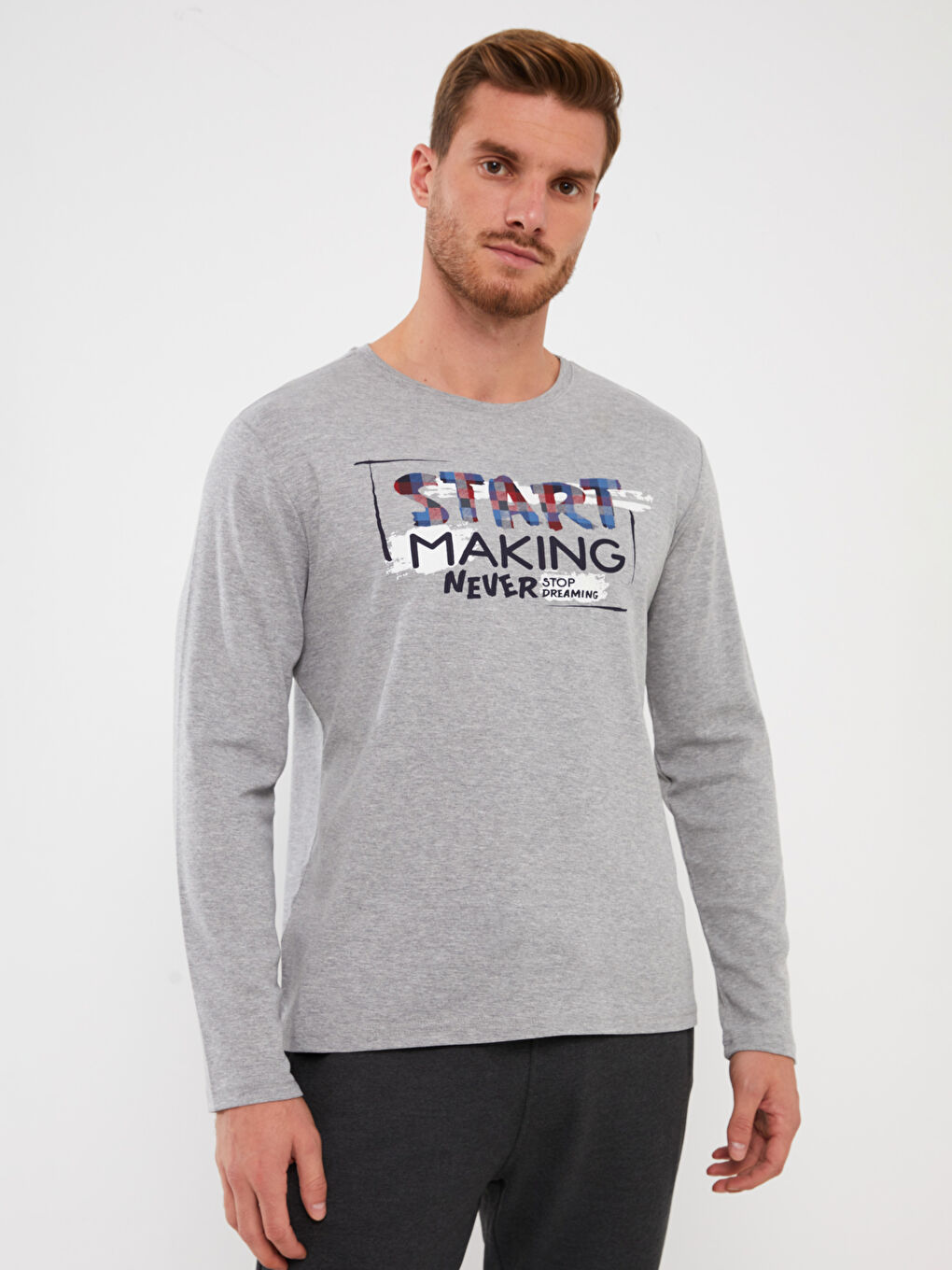 Gri Bisiklet Yaka Uzun Kollu Erkek Pijama Üst