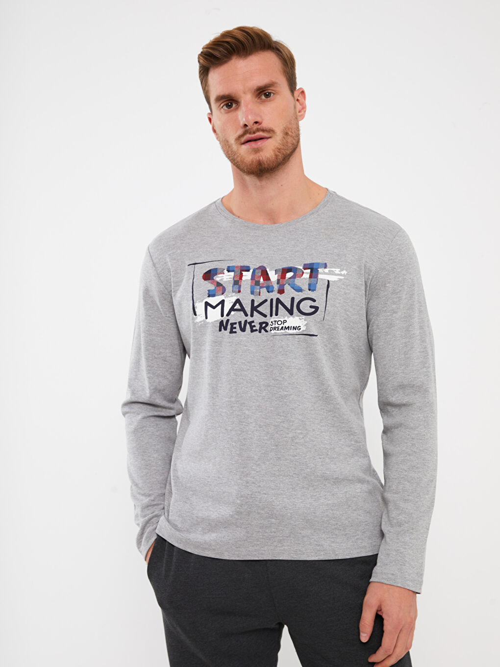 Gri Bisiklet Yaka Uzun Kollu Erkek Pijama Üst-1