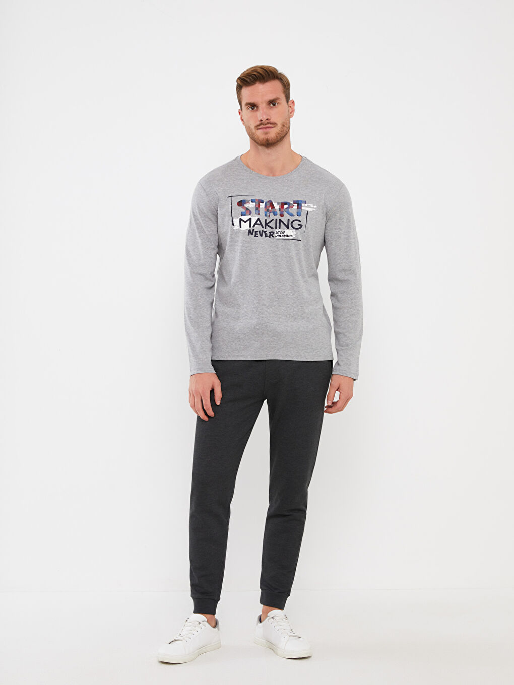 Gri Bisiklet Yaka Uzun Kollu Erkek Pijama Üst-2