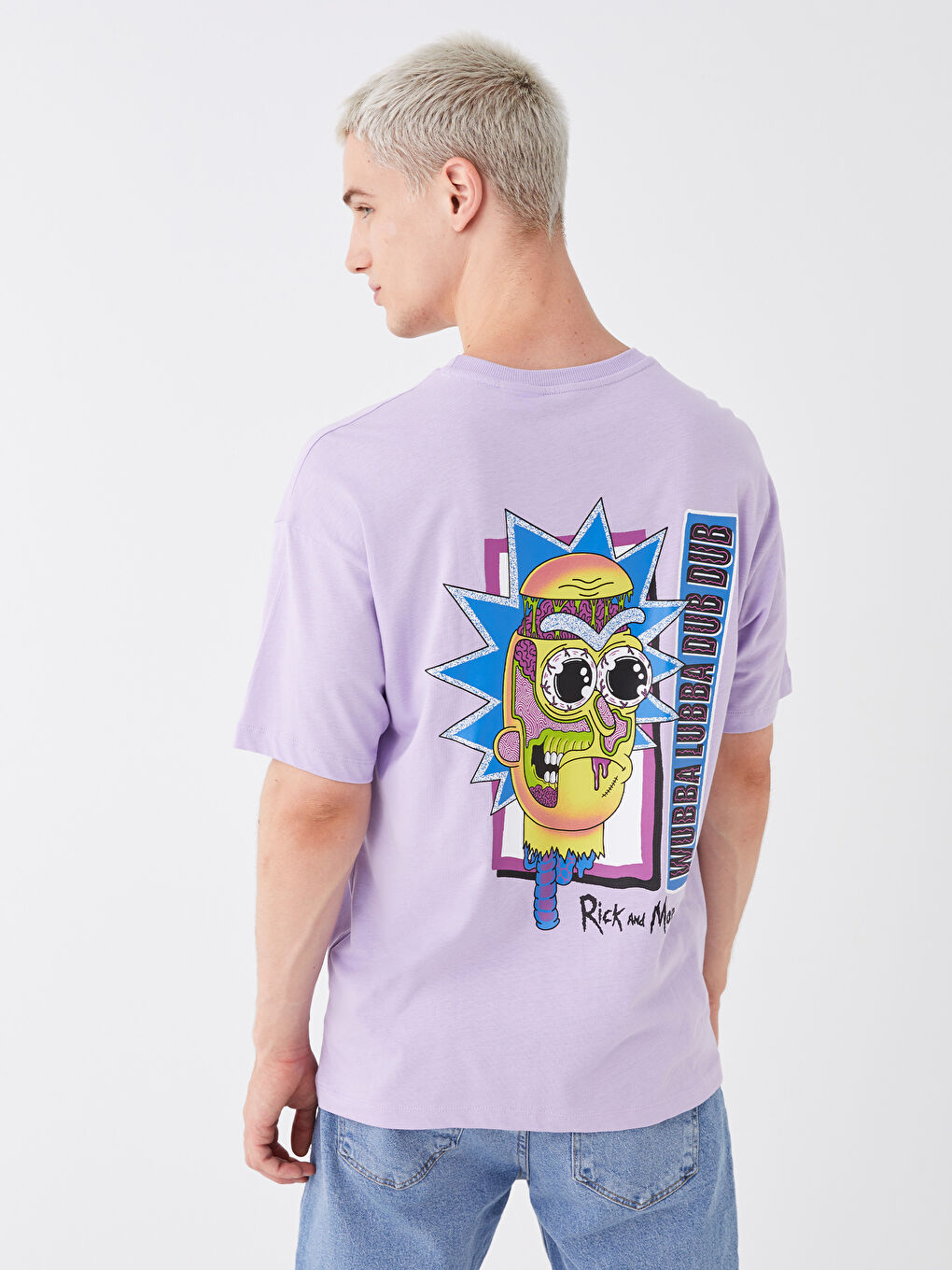 Lila Bisiklet Yaka Kısa Kollu Baskılı Penye Erkek Tişört