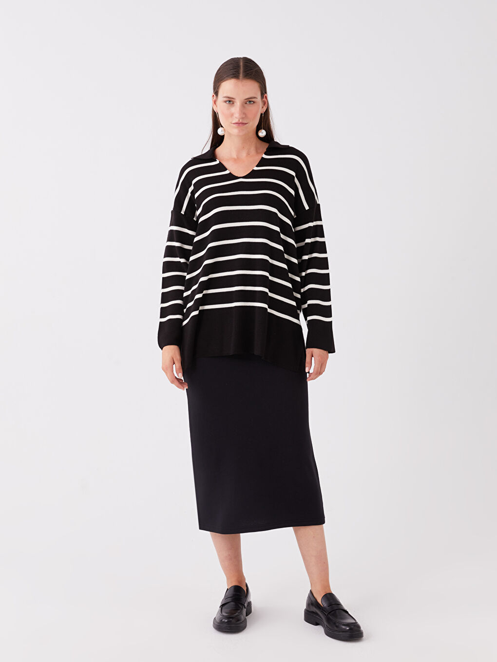 Siyah Kadın Beli Lastikli Düz Etek-1