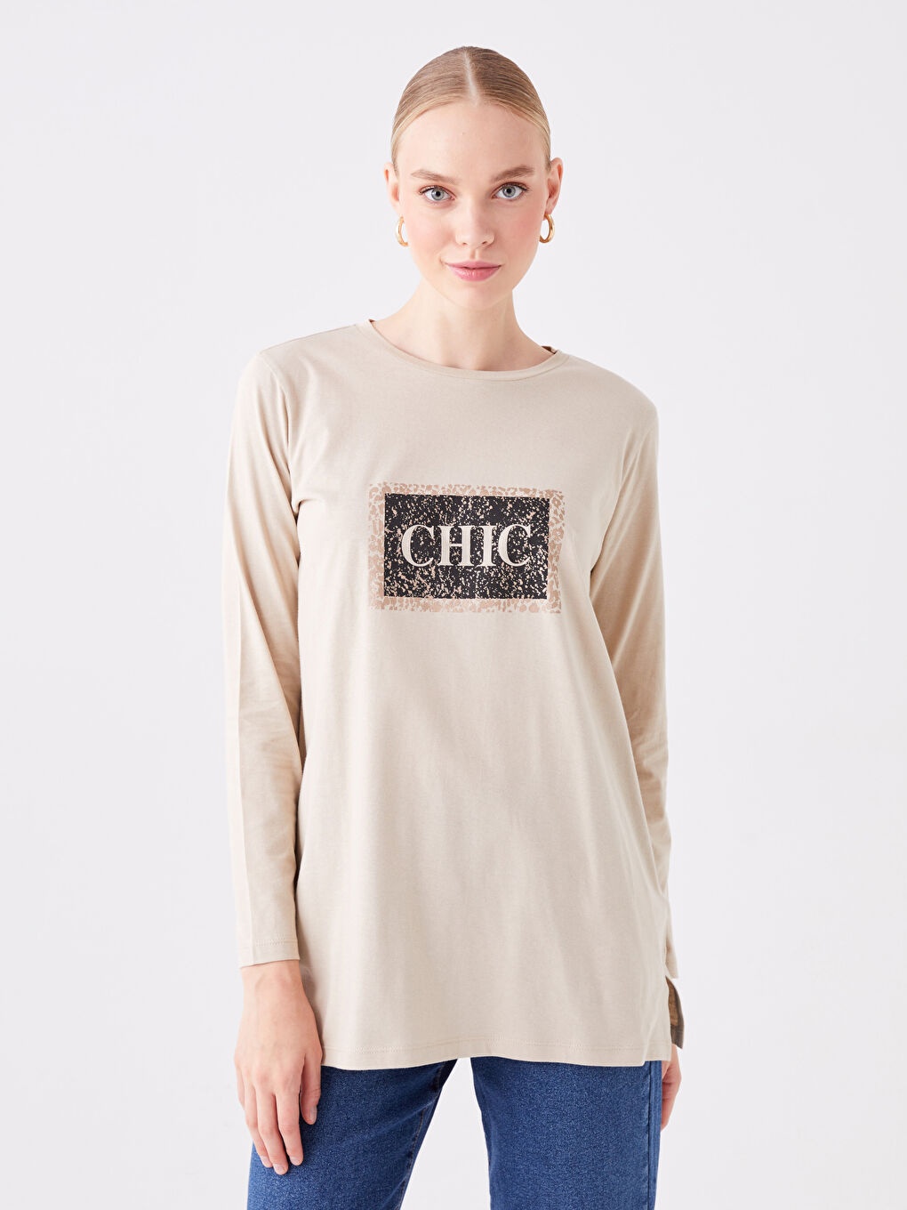 Crew Neck Printed Long Sleeve Women's Tunic-1