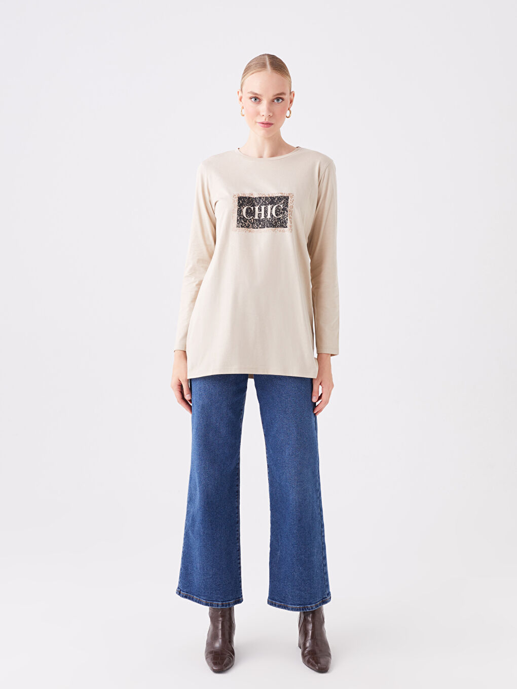 Crew Neck Printed Long Sleeve Women's Tunic-2