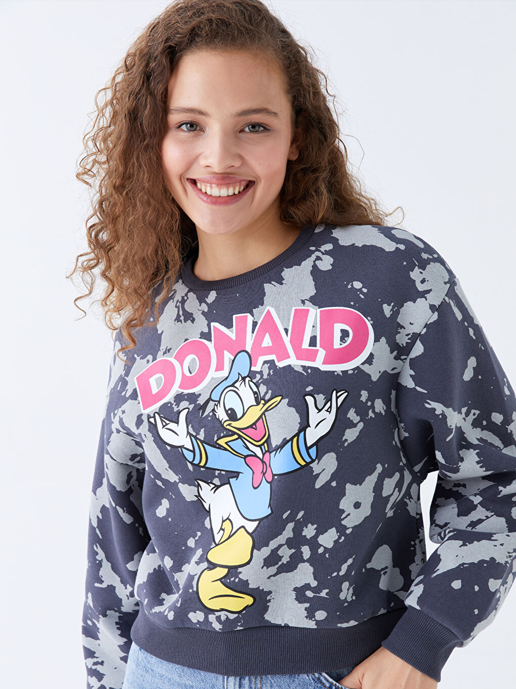 XSIDE Antrasit Bisiklet Yaka Donald Duck Baskılı Uzun Kollu Kadın Sweatshirt