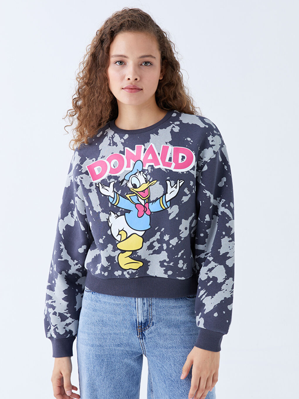 XSIDE Antrasit Bisiklet Yaka Donald Duck Baskılı Uzun Kollu Kadın Sweatshirt - 1