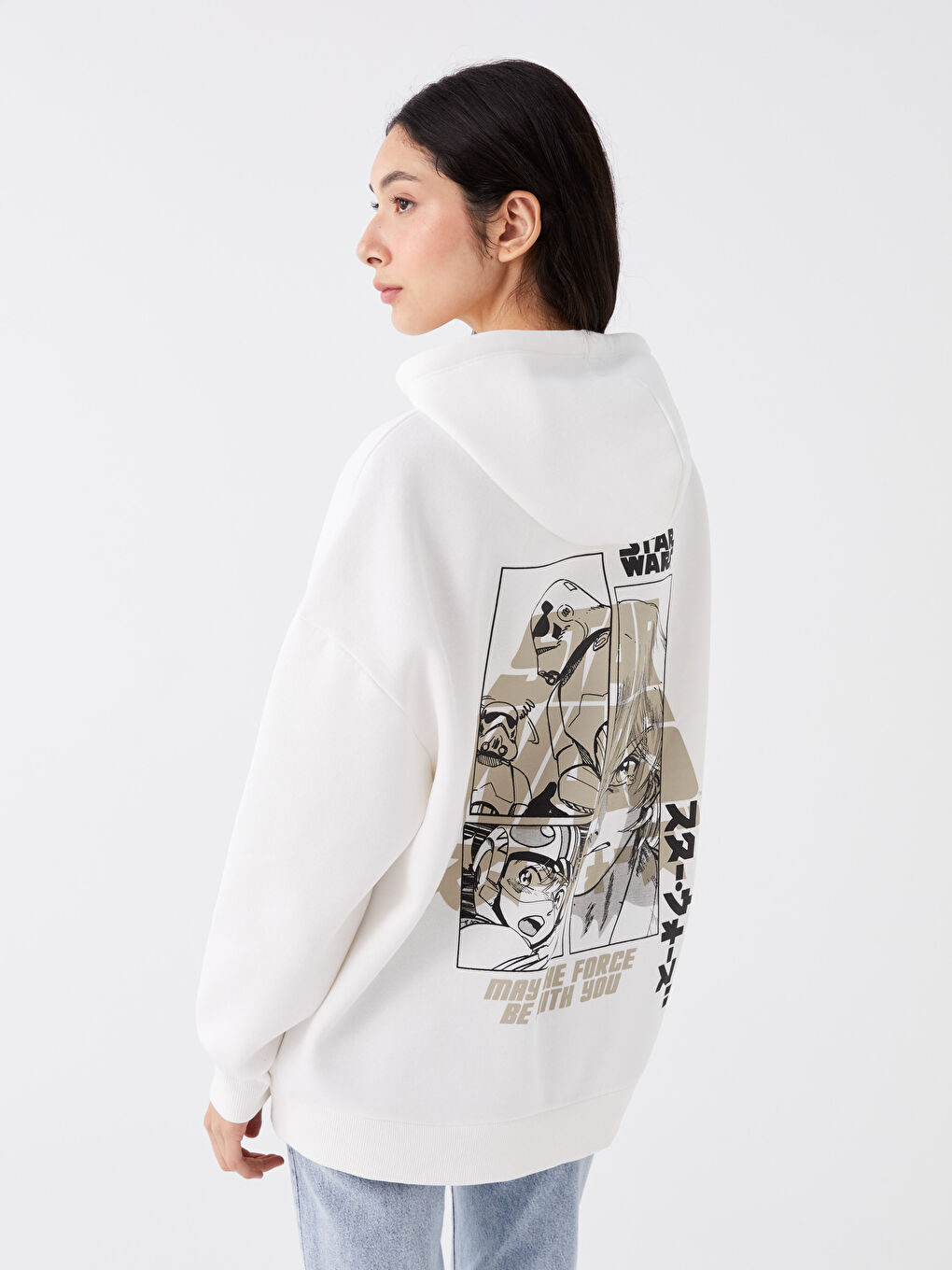 XSIDE Ekru Yıldız Savaşları Baskılı Oversize Kadın Kalın Hoodie