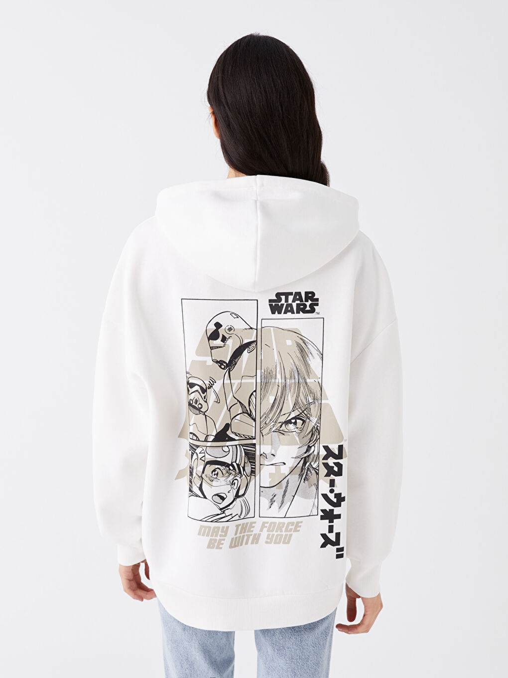 XSIDE Ekru Yıldız Savaşları Baskılı Oversize Kadın Kalın Hoodie - 4