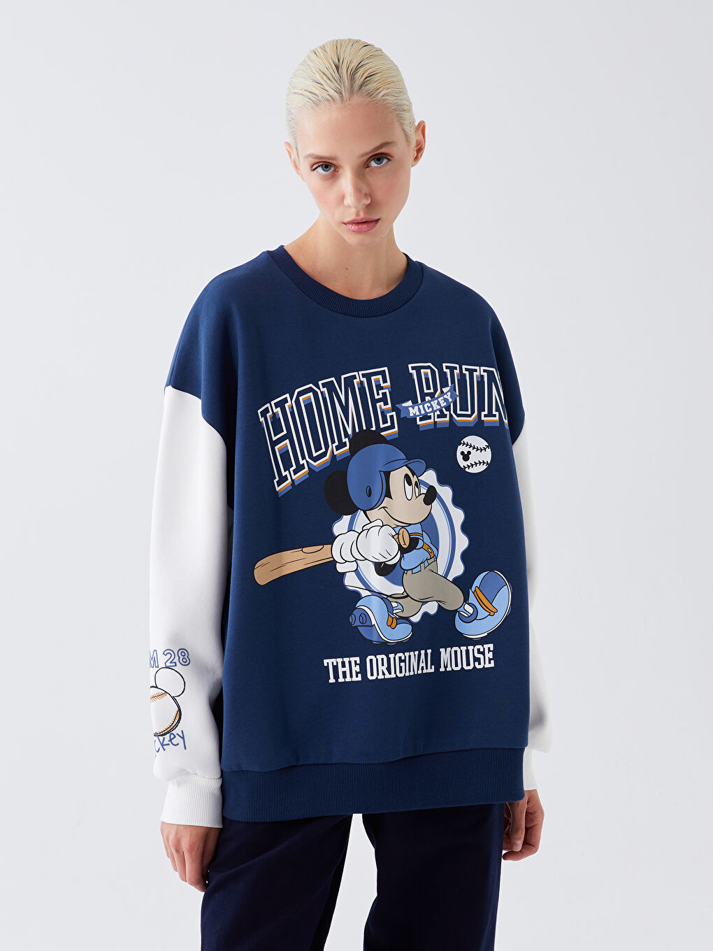 XSIDE Lacivert Bisiklet Yaka Mickey Mouse Baskılı Oversize Kadın Kalın Sweatshirt