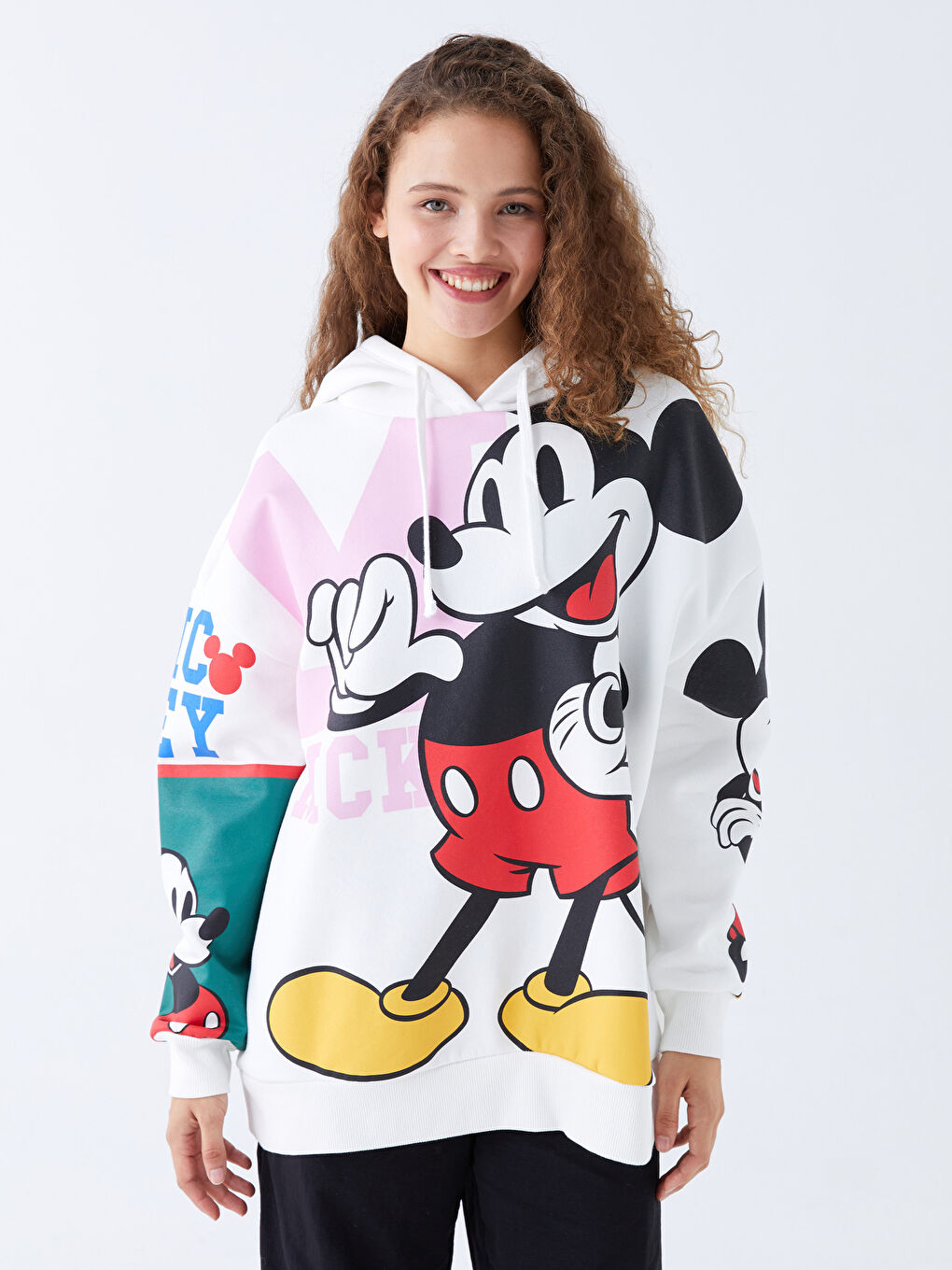 XSIDE Ekru Mickey Mouse Baskılı Oversize Kadın Kalın Hoodie