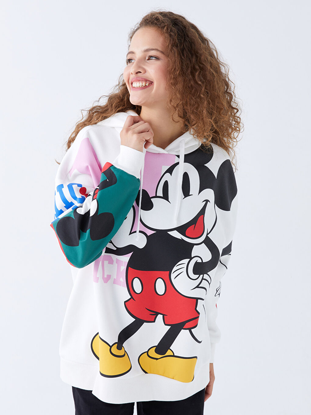 XSIDE Ekru Mickey Mouse Baskılı Oversize Kadın Kalın Hoodie - 1