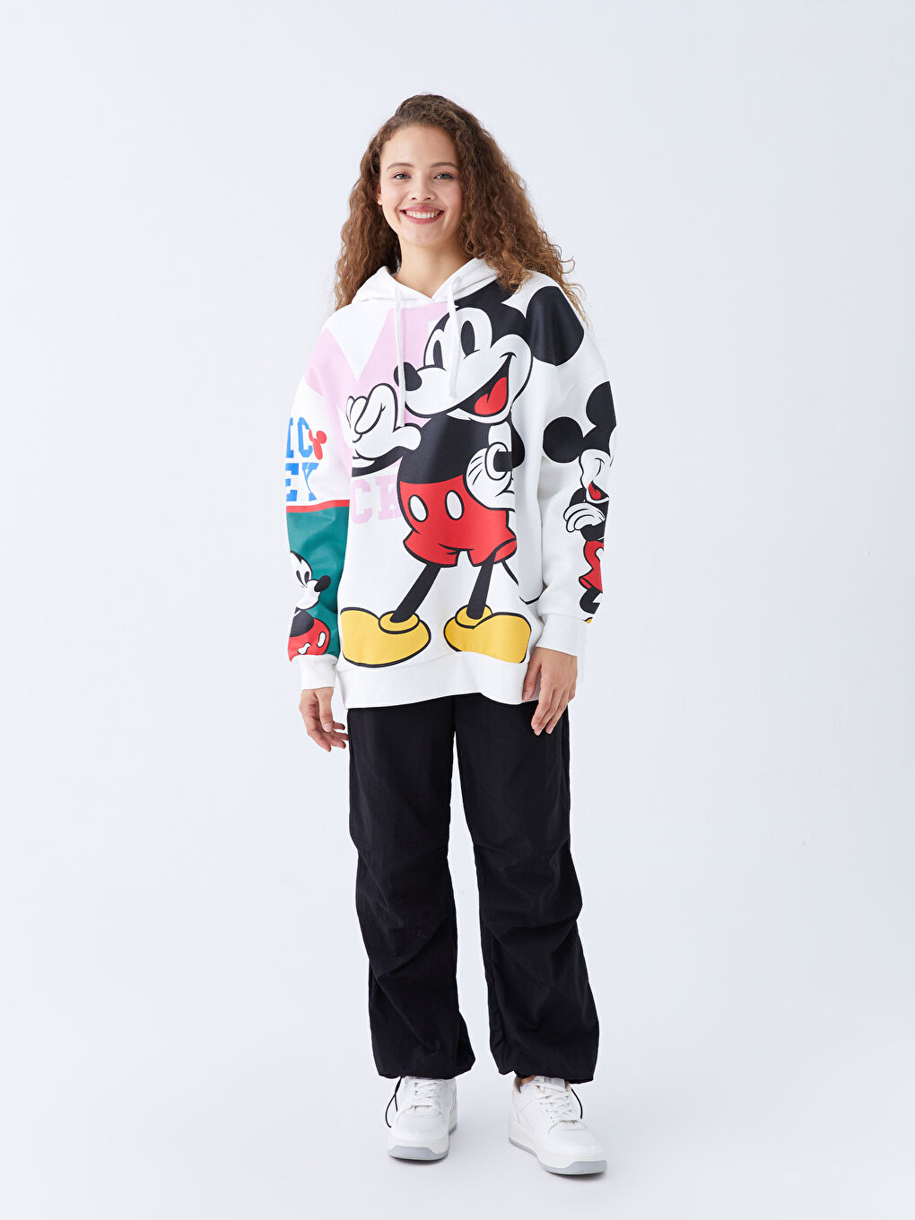 XSIDE Ekru Mickey Mouse Baskılı Oversize Kadın Kalın Hoodie - 2