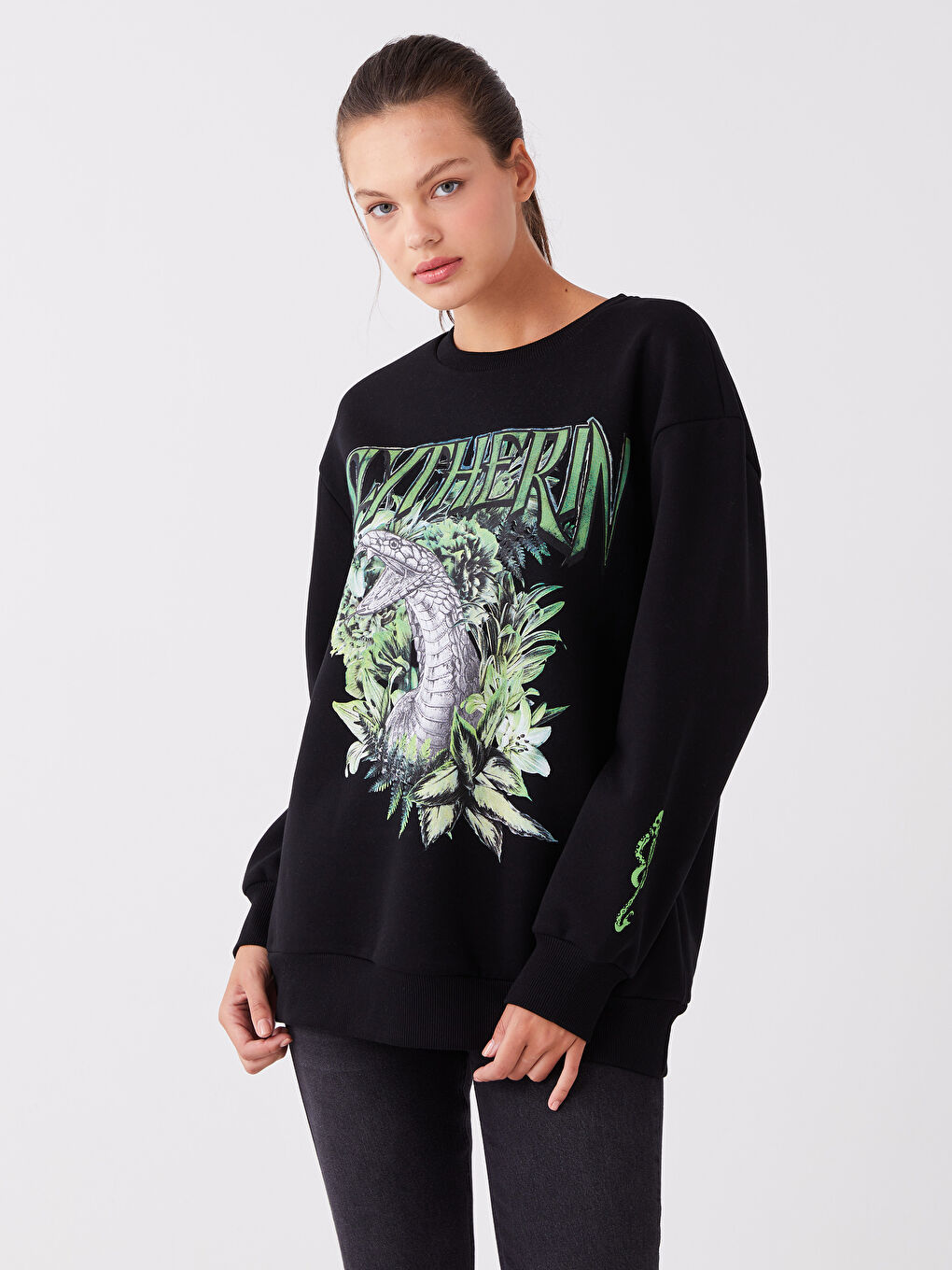 Siyah Bisiklet Yaka Baskılı Oversize Kadın Kalın Sweatshirt