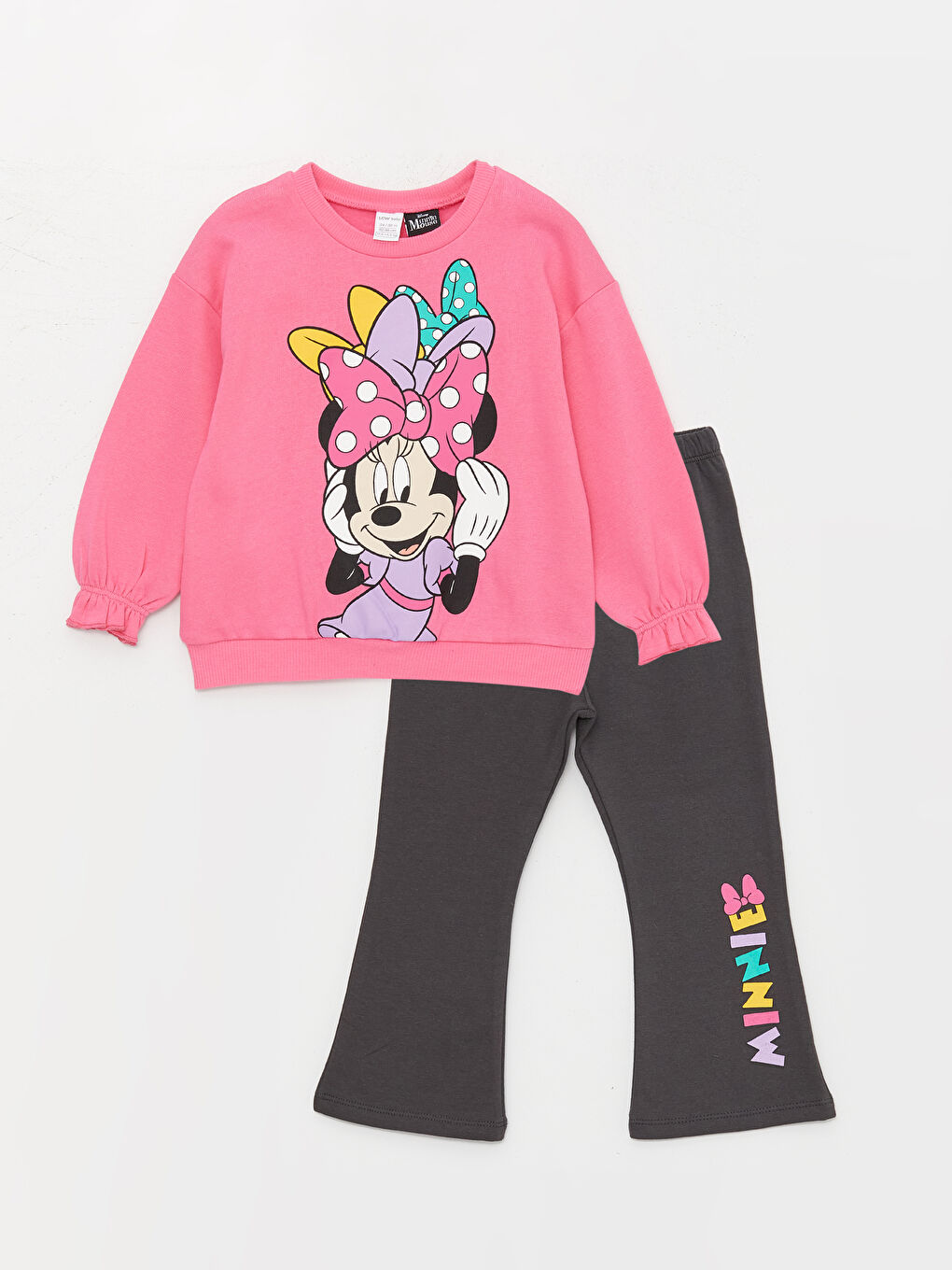 LCW baby Orta Pembe Bisiklet Yaka Uzun Kollu Minnie Mouse Baskılı Kız Bebek Sweatshirt ve Tayt 2'li Takım