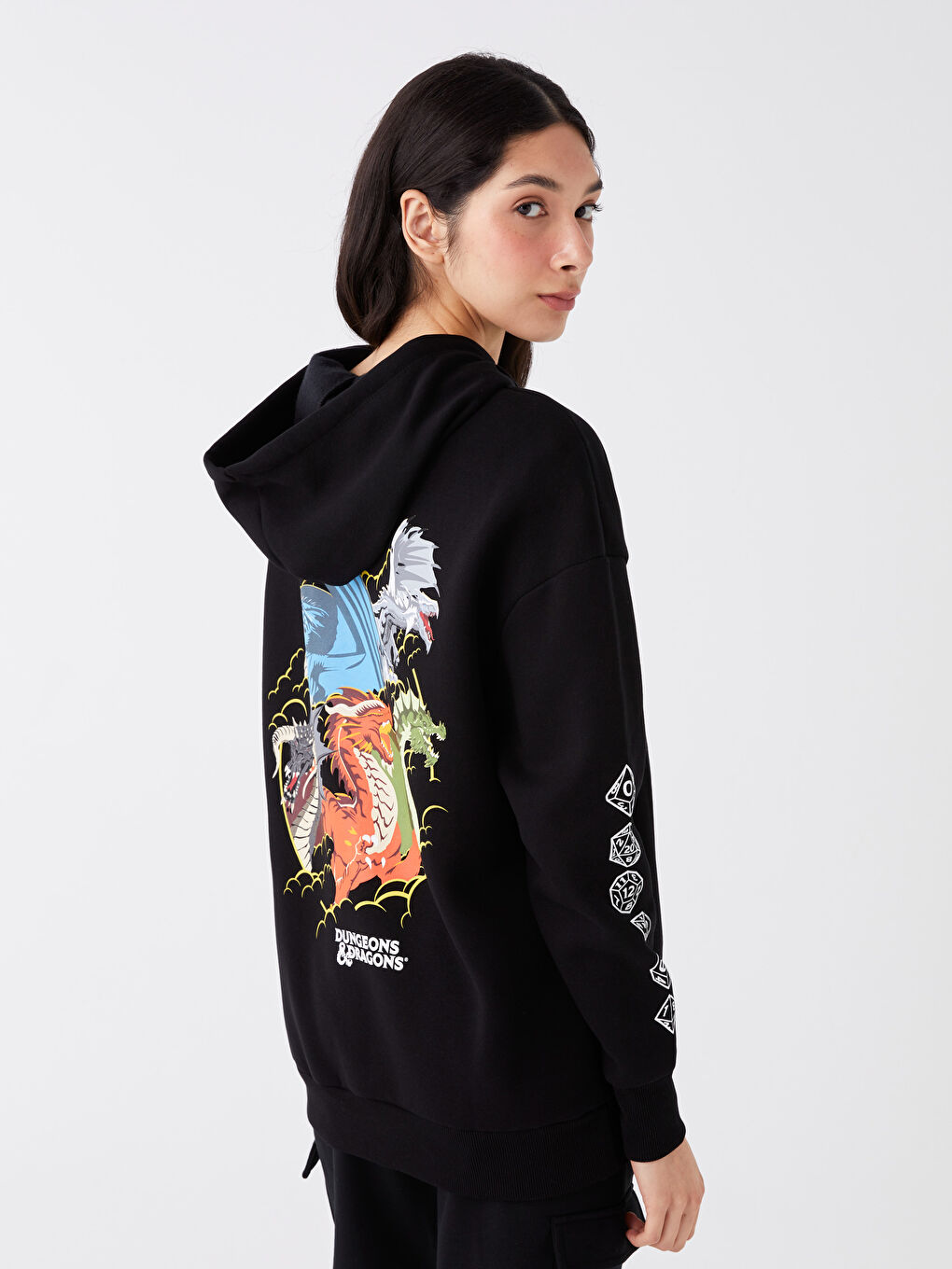 XSIDE Siyah Dragon Baskılı Uzun Kollu Oversize Kadın Hoodie