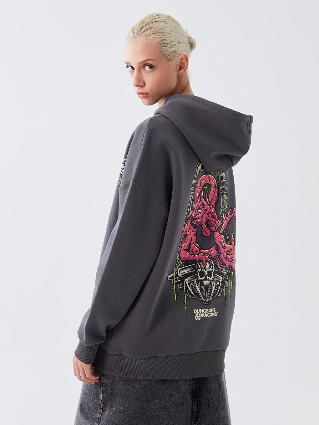 XSIDE Antrasit Dungeons & Dragons Baskılı Oversize Kadın Kalın Hoodie