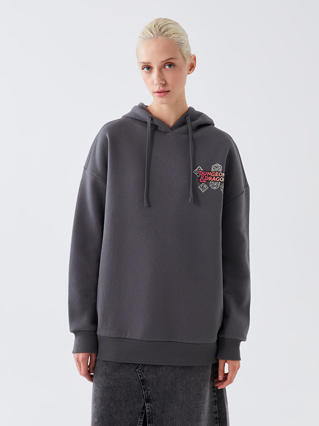 XSIDE Antrasit Dungeons & Dragons Baskılı Uzun Kollu Oversize Kadın Hoodie - 1