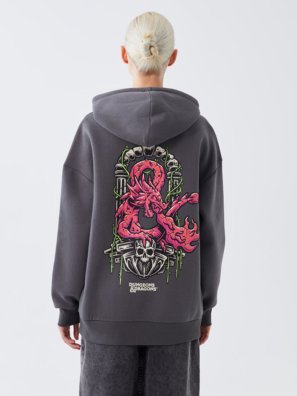 XSIDE Antrasit Dungeons & Dragons Baskılı Oversize Kadın Kalın Hoodie - 4