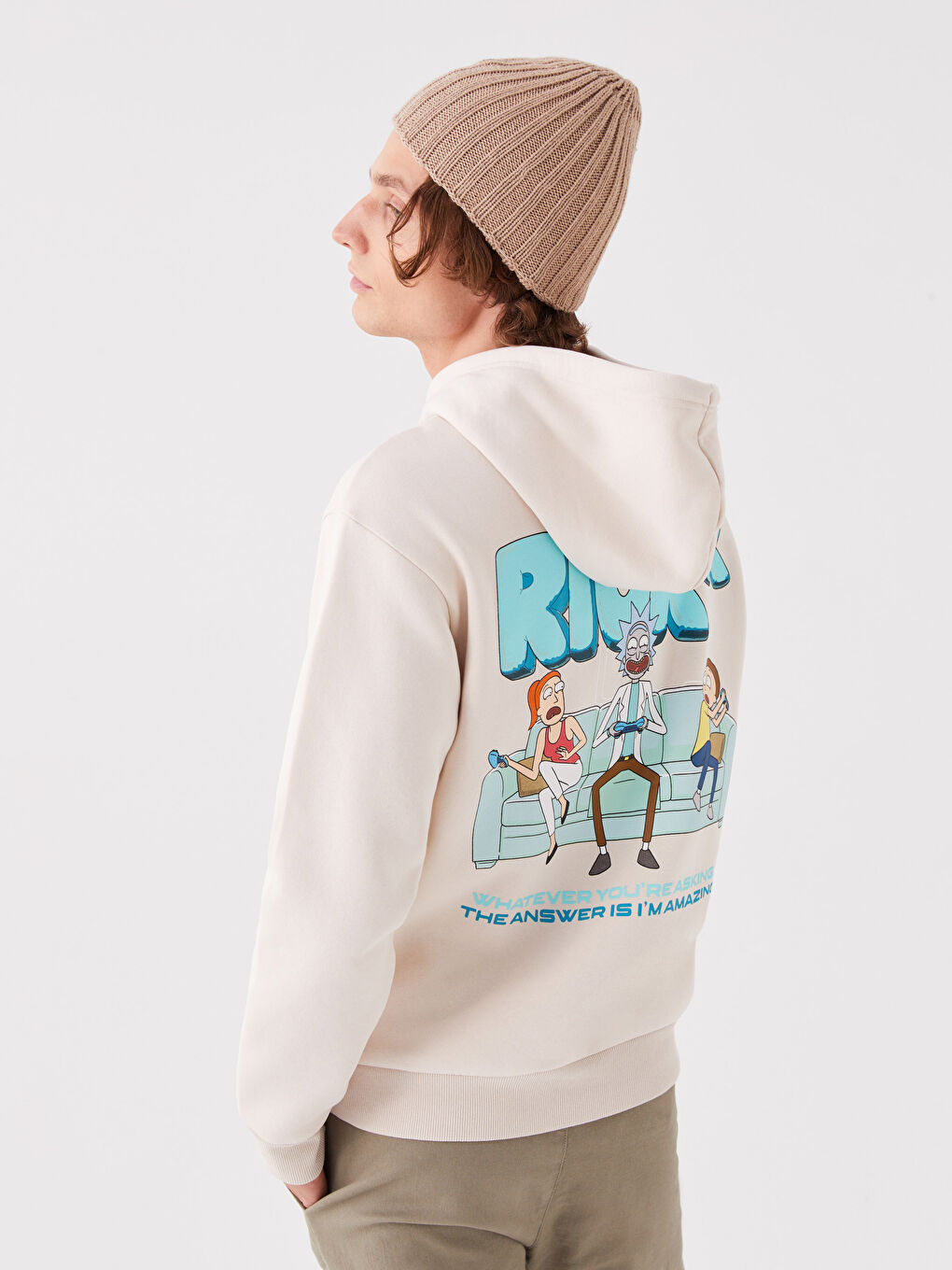 Bej Uzun Kollu Rick and Morty Baskılı Erkek Hoodie