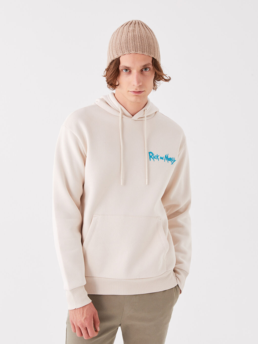 Bej Uzun Kollu Rick and Morty Baskılı Erkek Hoodie-1