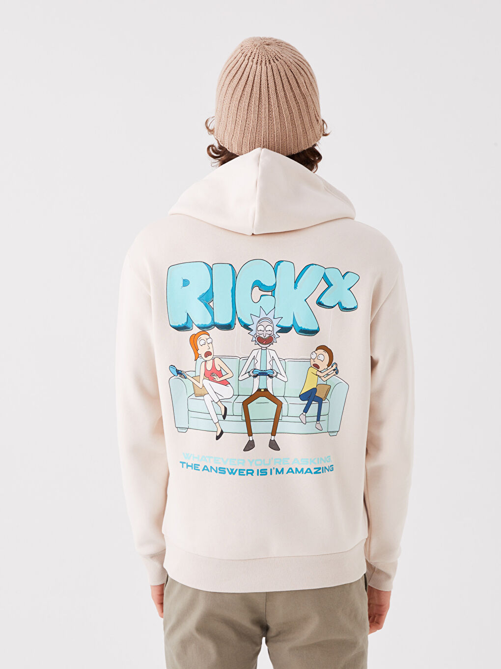 Bej Uzun Kollu Rick and Morty Baskılı Erkek Hoodie-3