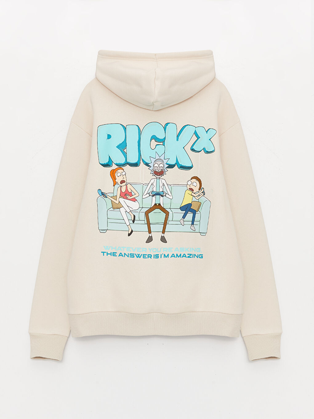 Bej Uzun Kollu Rick and Morty Baskılı Erkek Hoodie-5