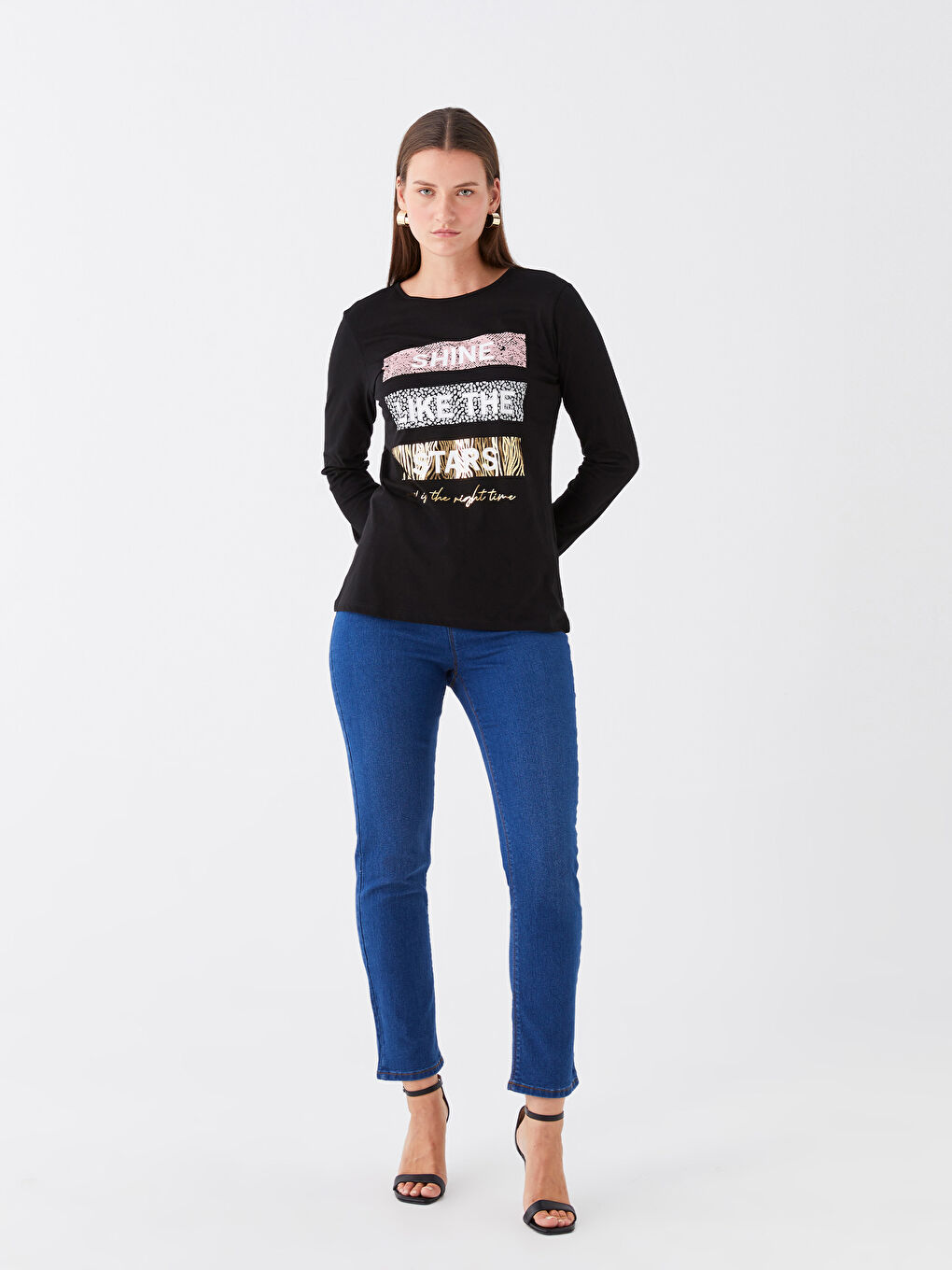 Siyah Bisiklet Yaka Baskılı Uzun Kollu Kadın Tişört-2