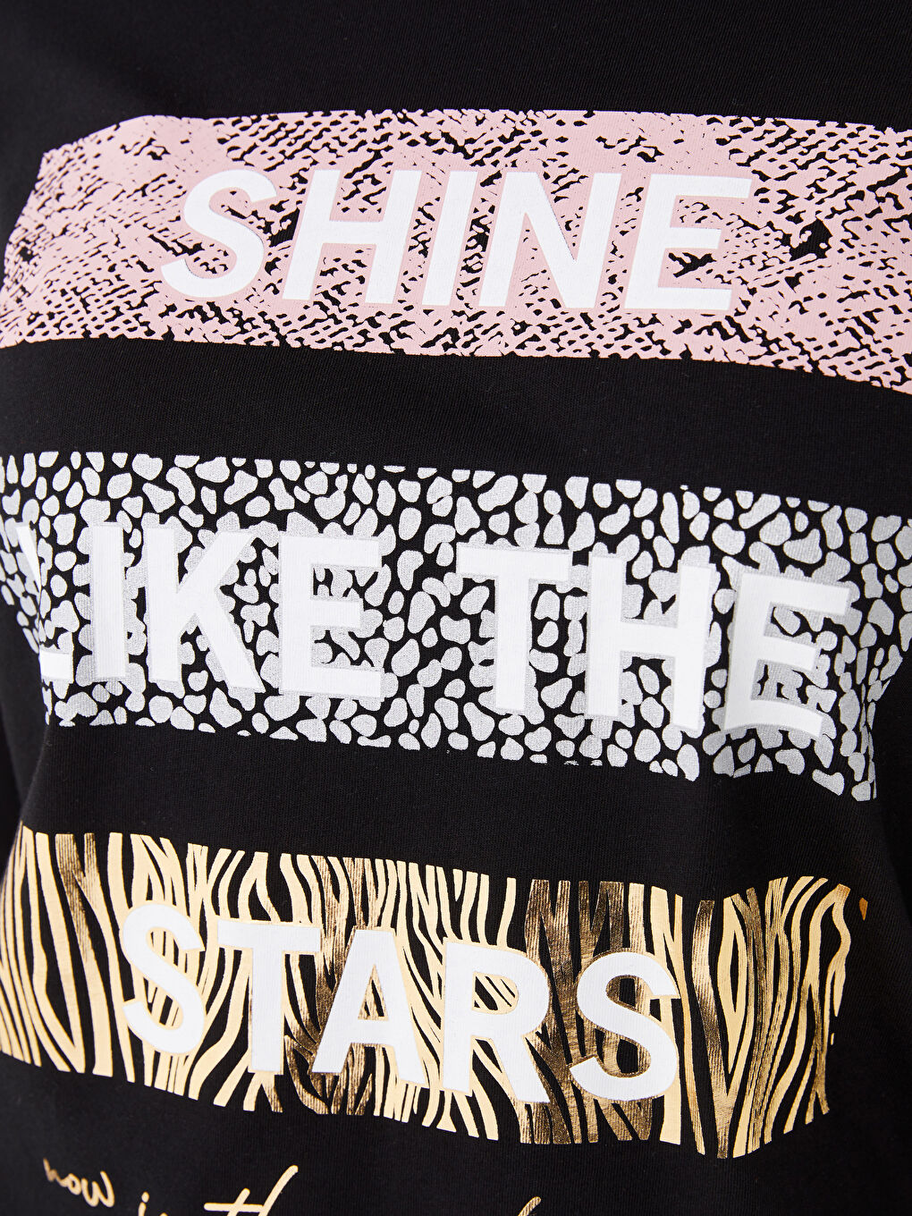 Siyah Bisiklet Yaka Baskılı Uzun Kollu Kadın Tişört-3