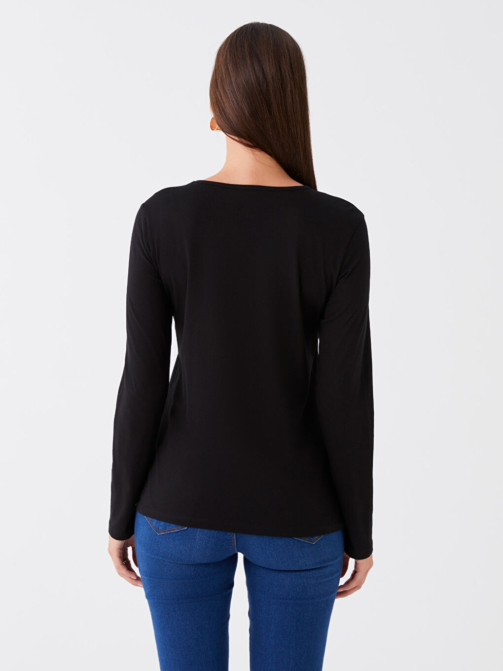 Siyah Bisiklet Yaka Baskılı Uzun Kollu Kadın Tişört-4