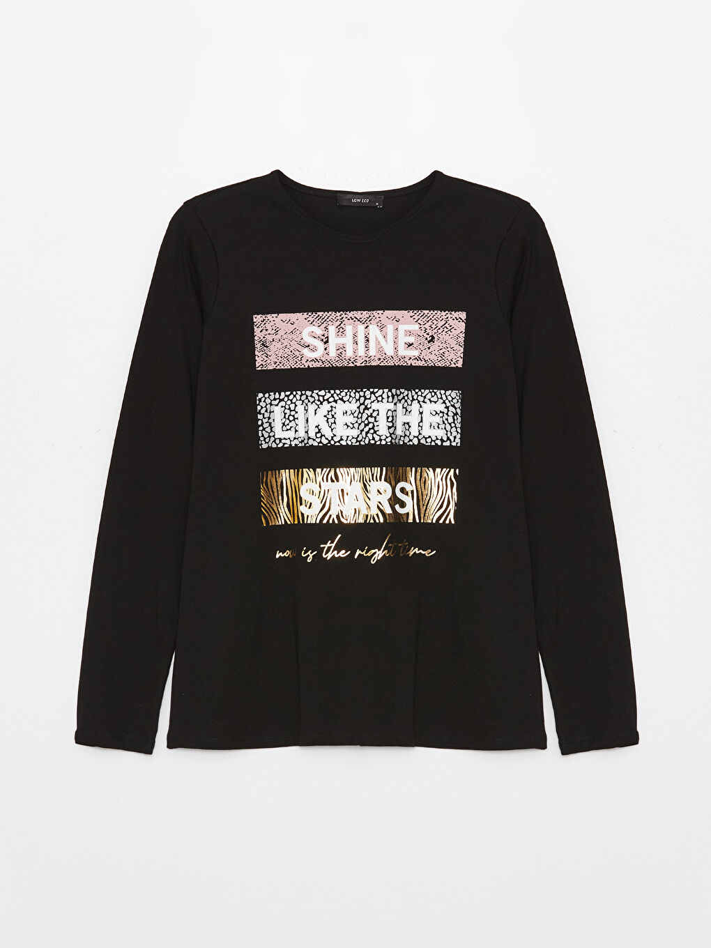 Siyah Bisiklet Yaka Baskılı Uzun Kollu Kadın Tişört-5