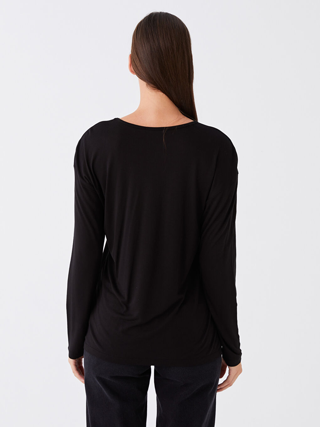 Siyah Bisiklet Yaka Baskılı Uzun Kollu Kadın Tişört-4