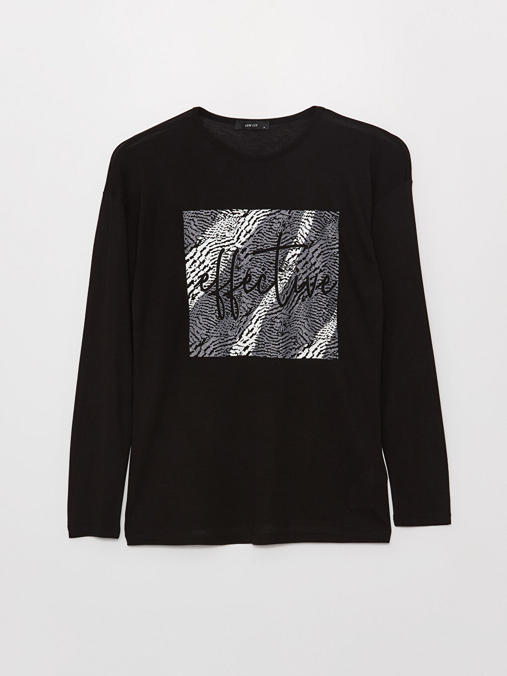 Siyah Bisiklet Yaka Baskılı Uzun Kollu Kadın Tişört-5