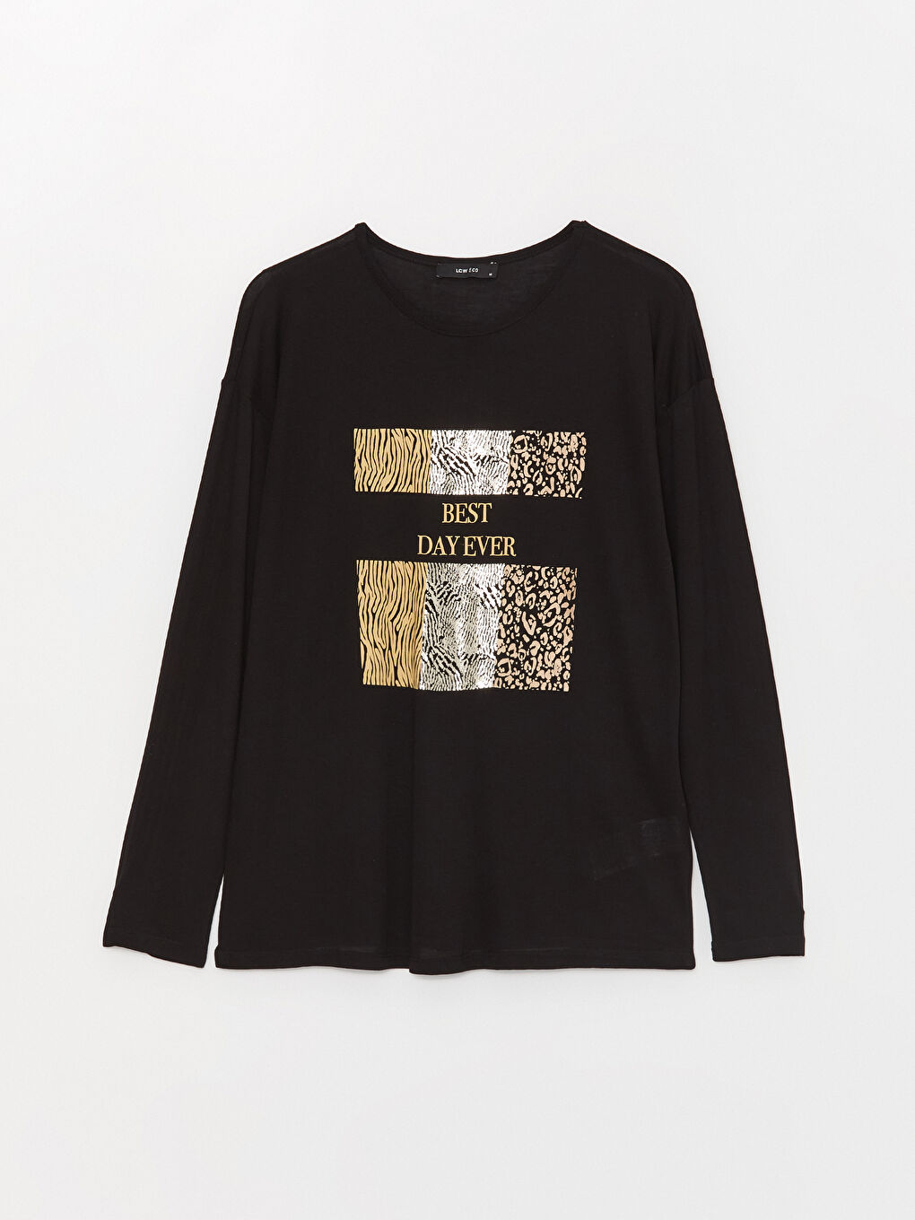 Siyah Bisiklet Yaka Baskılı Uzun Kollu Kadın Tişört-5