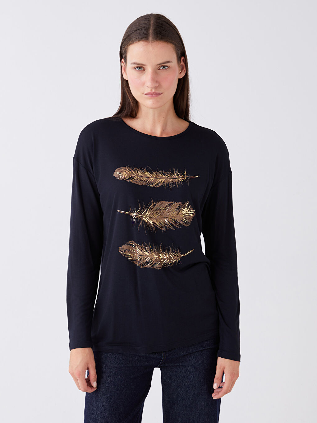 Lacivert Bisiklet Yaka Baskılı Uzun Kollu Kadın Tişört