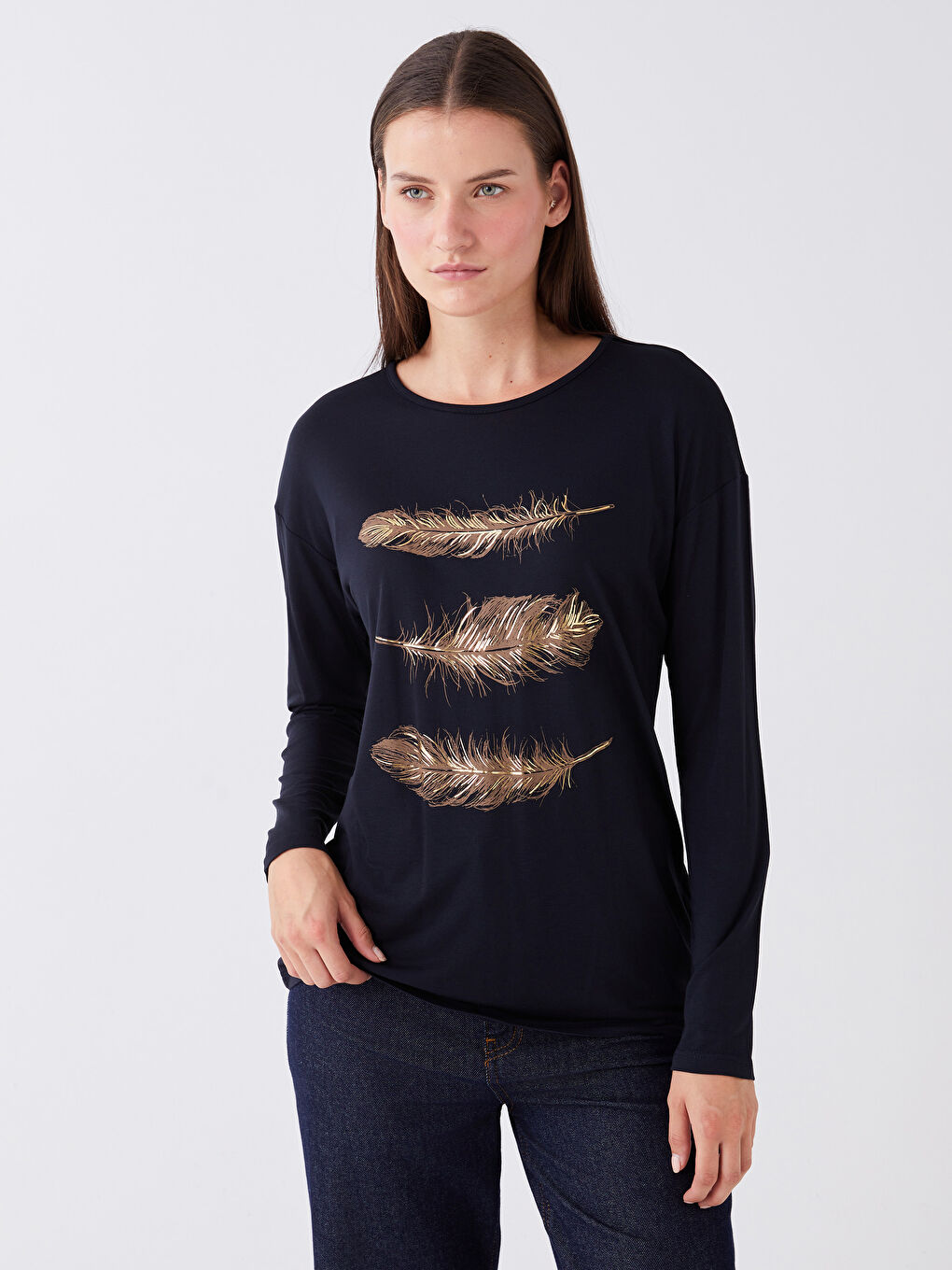 Lacivert Bisiklet Yaka Baskılı Uzun Kollu Kadın Tişört-1