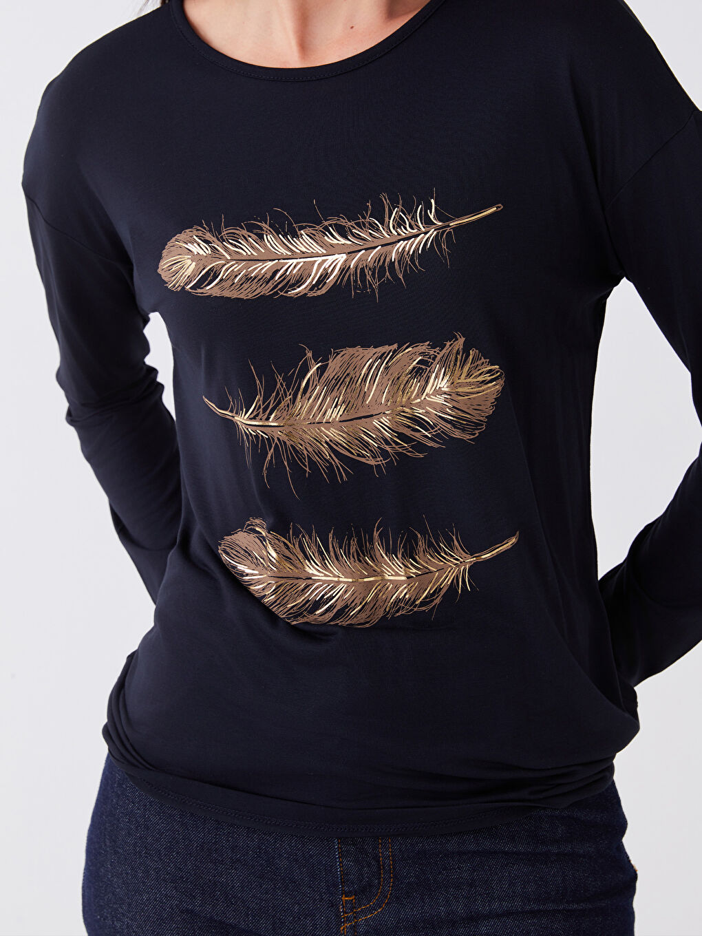 Lacivert Bisiklet Yaka Baskılı Uzun Kollu Kadın Tişört-3