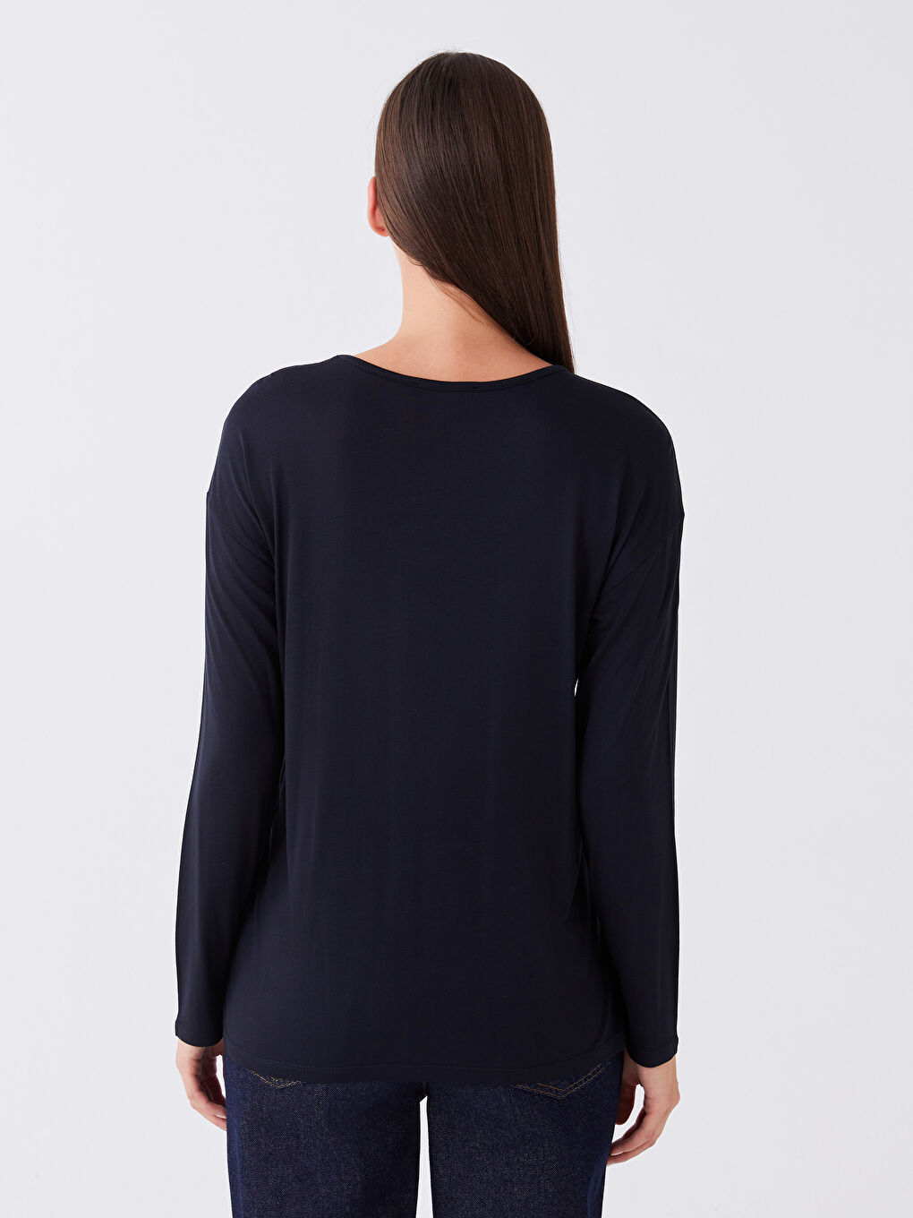 Lacivert Bisiklet Yaka Baskılı Uzun Kollu Kadın Tişört-4