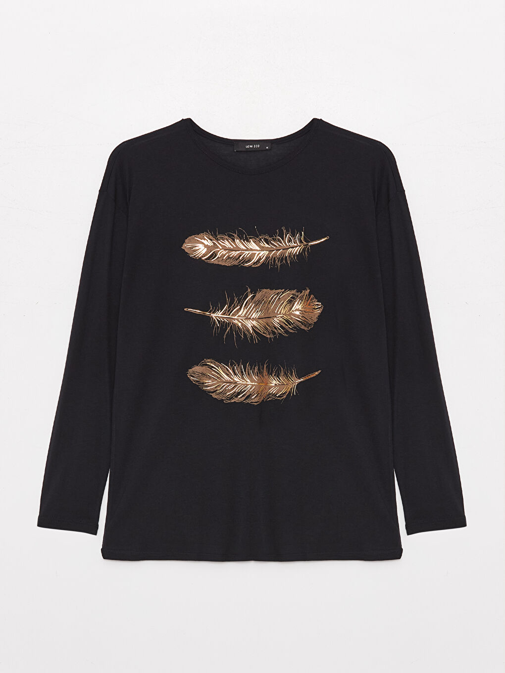 Lacivert Bisiklet Yaka Baskılı Uzun Kollu Kadın Tişört-5