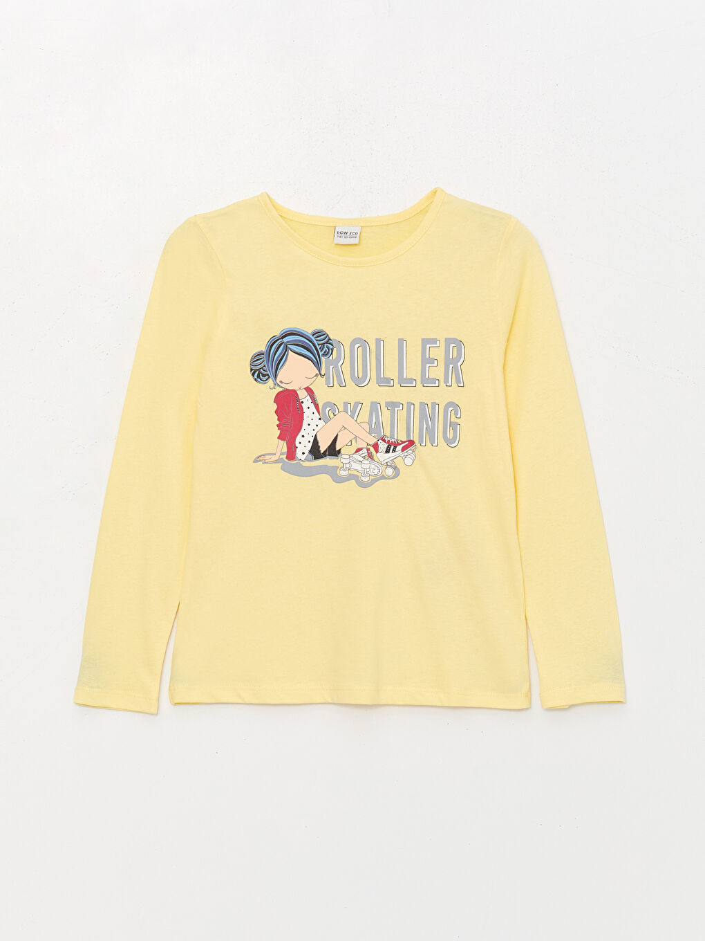 Sarı Bisiklet Yaka Baskılı Uzun Kollu Kız Çocuk Tişört