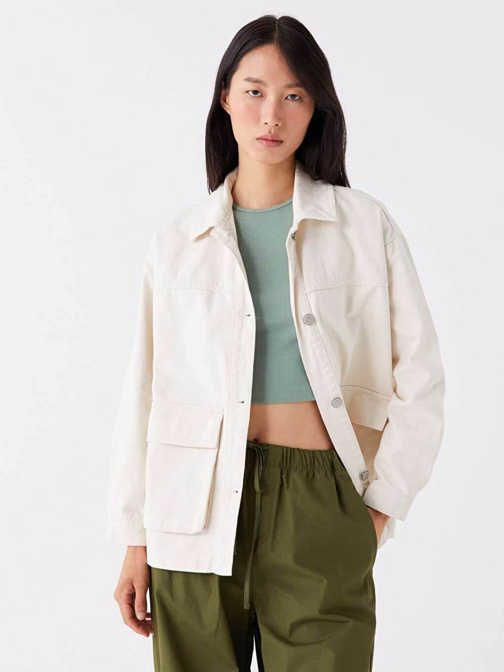 Bej Gömlek Yaka Düz Uzun Kollu Kadın Ceket