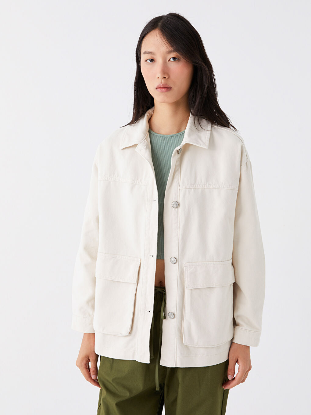 Bej Gömlek Yaka Düz Uzun Kollu Kadın Ceket-2