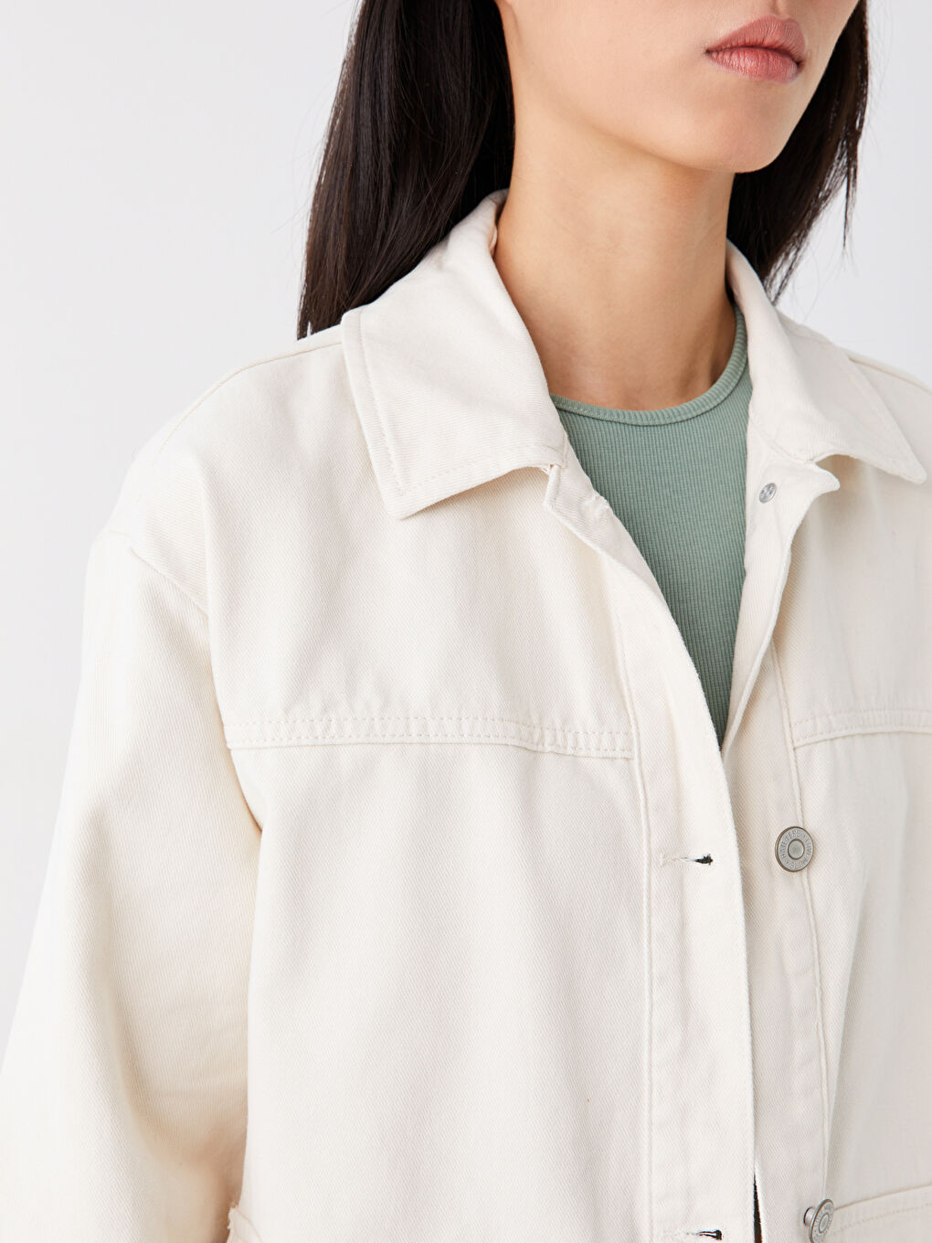 Bej Gömlek Yaka Düz Uzun Kollu Kadın Ceket-3