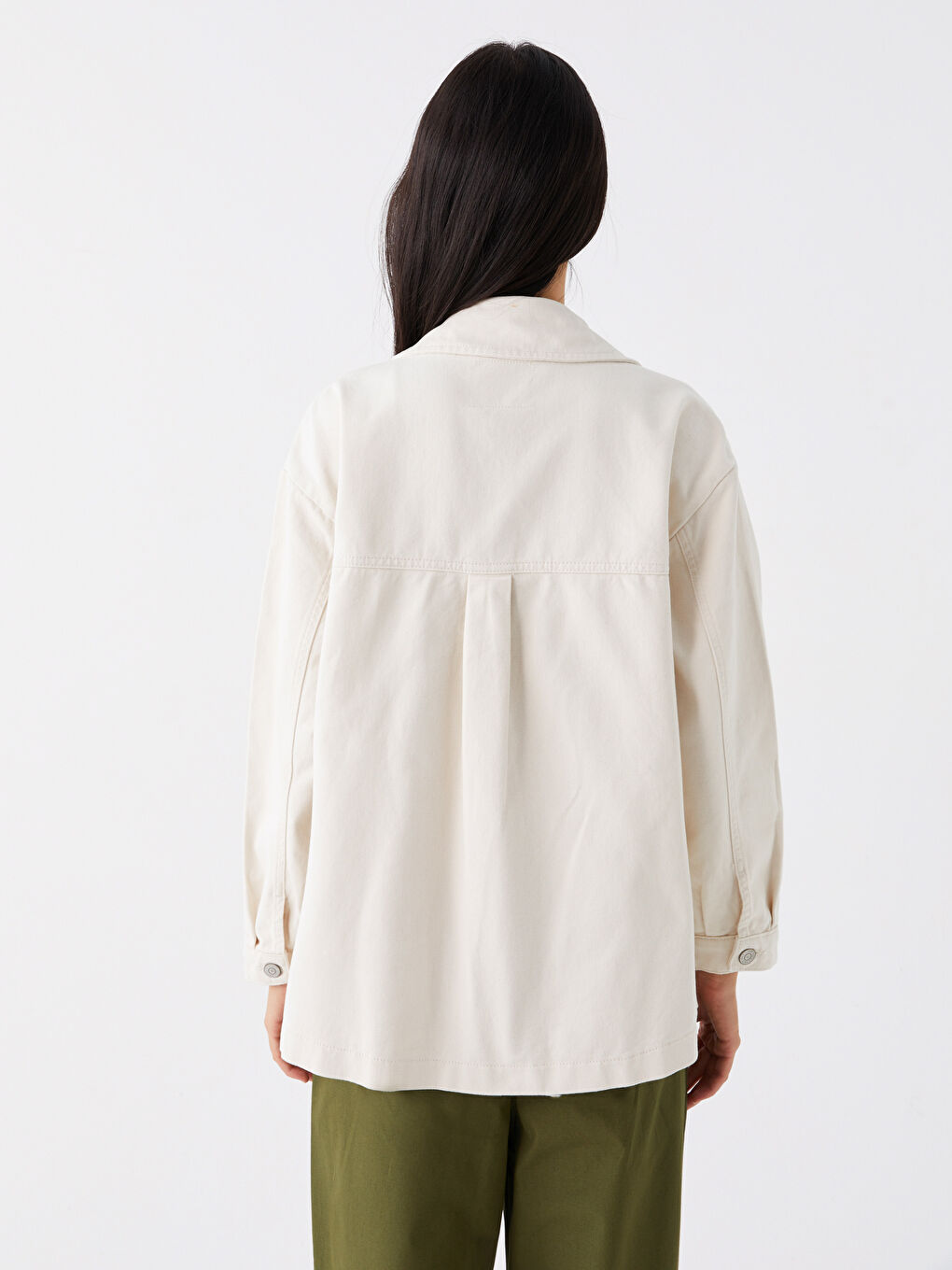 Bej Gömlek Yaka Düz Uzun Kollu Kadın Ceket-4